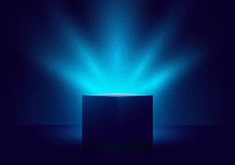Muurstickers 3D blue mystery box with Illuminated lighting glitter on dark background © rarinlada