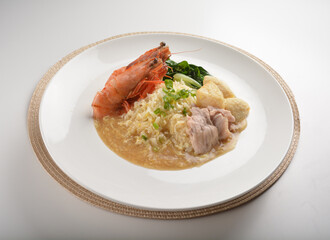 chef wok fried rice with seafood big tiger prawn and meat in thick gravy sauce asian halal menu