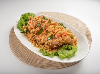 wok fried big tiger prawn with crispy butter cereal curry leaf chilli Asia halal menu