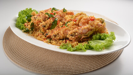 wok fried big tiger prawn with crispy butter cereal curry leaf chilli Asia halal menu
