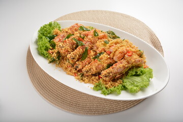 wok fried big tiger prawn with crispy butter cereal curry leaf chilli Asia halal menu