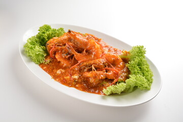 stir fried big tiger prawn seafood with chilli crab spicy red sauce asian halal menu