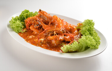 stir fried big tiger prawn seafood with chilli crab spicy red sauce asian halal menu