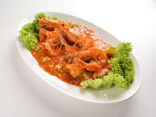 stir fried big tiger prawn seafood with chilli crab spicy red sauce asian halal menu