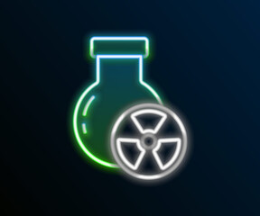 Glowing neon line Laboratory chemical beaker with toxic liquid icon isolated on black background. Biohazard symbol. Dangerous symbol with radiation icon. Colorful outline concept. Vector