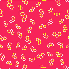 Line Chemical formula icon isolated seamless pattern on red background. Abstract hexagon for innovation medicine, health, research and science. Vector