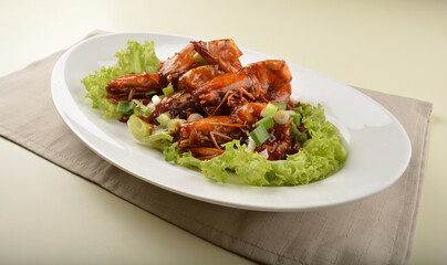 asan chef stir fried big tiger prawn in sweet mamak sauce nonya har lok asian halal menu