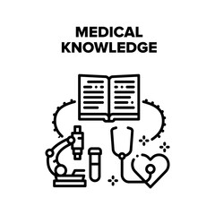 Medical Doctor Knowledge Vector Icon Concept. Medical Doctor Knowledge And Education, Scientist Researching With Microscope Laboratory Equipment. Student Reading Medicine Book Black Illustration
