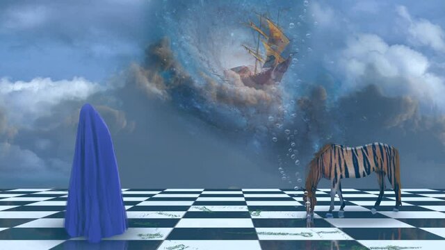 Deep Imaginative scene. Sailboat in the clouds. Striped horse and human figure covered by blue cloth with butterfly on top