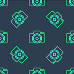 Line Photo camera icon isolated seamless pattern on blue background. Foto camera. Digital photography. Vector