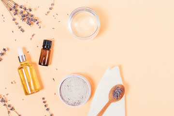 Natural cosmetics ingredients on beige background