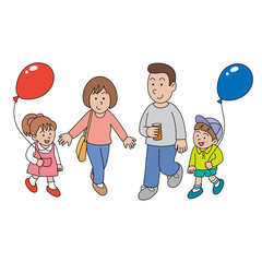 行楽地を歩く家族