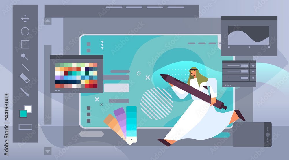Poster designer drawing with pen in graphic editor man creating website user interface graphic design ui cr