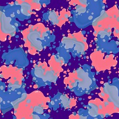 Obraz premium Blue, pink liquid hearts on a lilac background. Seamless pattern. Abstract artistic repeating pattern.