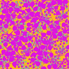 Branches with berries. Seamless pattern. Pink, yellow berries on a blue background. Botanical pattern for textiles, fabric, packaging, paper, clothing.