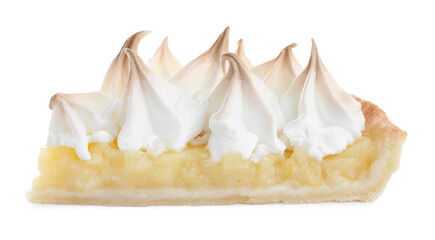 Piece of delicious lemon meringue pie isolated on white - obrazy, fototapety, plakaty