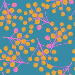Mimosa. Seamless pattern. Yellow, pink mimosa flowers on a blue background. Botanical pattern for textiles, fabric, packaging, paper, clothing.