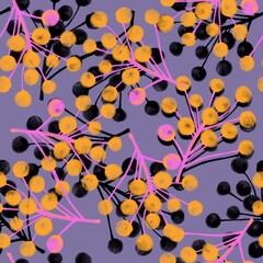 Branches with berries. Seamless pattern. Pink, black, yellow berries on a lilac background. Botanical pattern for textiles, fabric, packaging, paper, clothing.