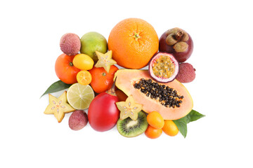 Pile of different exotic fruits on white background, top view