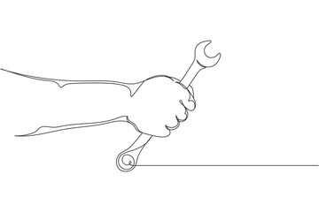 Continuous one line of mechanic hand holding spanner tool in silhouette on a white background. Linear stylized.Minimalist.