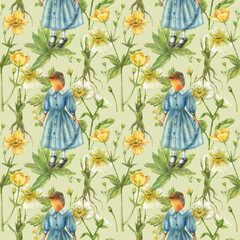 Floral seamless pattern with yellow and white buttercups and green leaves and herbs. With an illustration of a vintage blue dress on a bright bird. Wildflowers hand-drawn. On a green background.