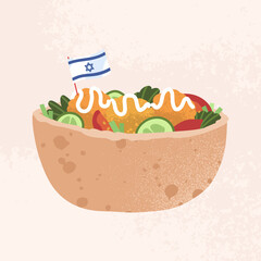 Falafel jewish meatless fast food. Vegan chickpea balls with vegetables in pita pocket and sauce on top. Eastern halal cuisine isolated vector.