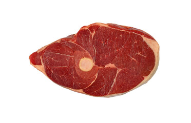 Close up raw lamb or mutton meat ossobuco or osso buco shank isolated on white background, elevated...