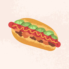 Hot dog barbeque fastfood illustration. Bun with pork sausage, onion, cucumbers, ketchup and mustard sauce on top. American junk food for break with friends isolated vector. 
