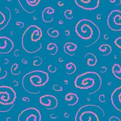 Seamless pattern. Pink spirals, circles, helical lines. Abstract curves shapes on a blue background.