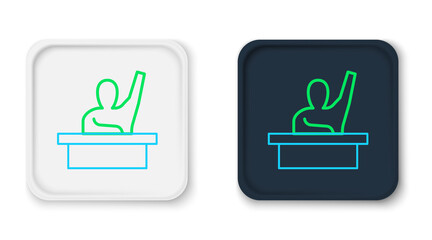 Line Active male kid raising hand answering to teacher question icon isolated on white background. An elementary student raises his hand. Colorful outline concept. Vector