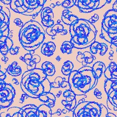 Seamless pattern. Blue spirals, circles, helical lines, floral motif, baroque. Abstract curves shapes on a beige background.