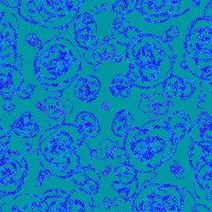 Fototapeta na wymiar Seamless pattern. Blue spirals, circles, helical lines, floral motif, baroque. Abstract curves shapes on a black background.