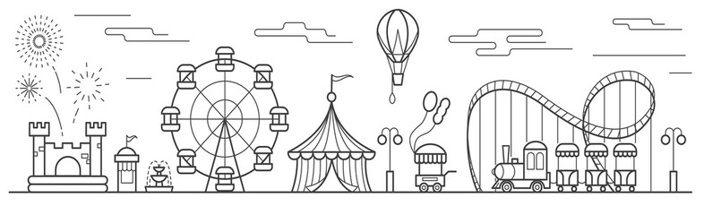 Panorama of an amusement park with a ferris wheel, circus, rides, balloon, bouncy castle. Landscape of urban park. Outline vector illustration - obrazy, fototapety, plakaty