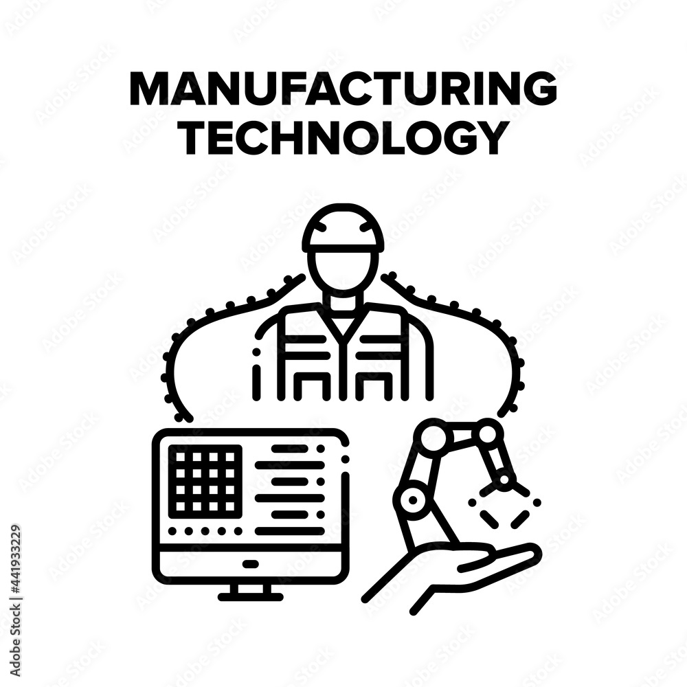 Aufkleber manufacturing technology vector icon concept. worker monitoring and setting on computer screen robot