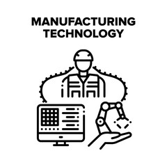 Manufacturing Technology Vector Icon Concept. Worker Monitoring And Setting On Computer Screen Robotic Arm For Working On Factory Conveyor, Modern Manufacturing Technology Black Illustration
