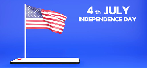  American flag in phone on blue background. 4th of july independence day concept. 3d render illustration.