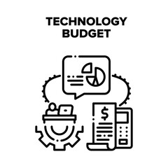 Technology Financial Budget Vector Icon Concept. Accountant Counting And Calculating Technology Financial Budget On Laptop And Calculator. Money Finance Analysis Black Illustration