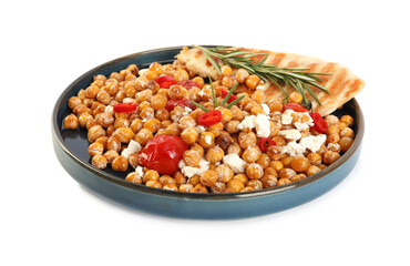 Plate with delicious fresh chickpea salad isolated on white