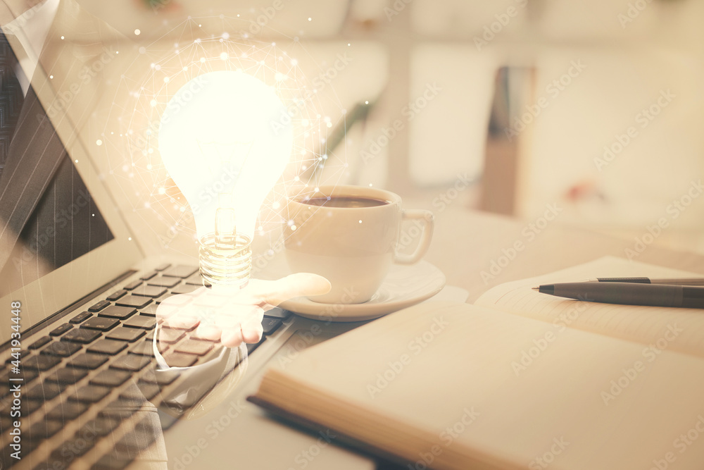 Poster double exposure of bulb drawing and desktop with coffee and items on table background. concept of id