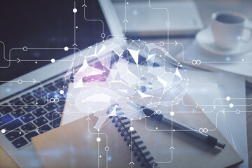 Double exposure of brain drawing and desktop with coffee and items on table background. Concept of...