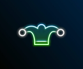 Glowing neon line Jester hat with bells isolated on black background. Clown icon. Amusement park funnyman sign. Colorful outline concept. Vector