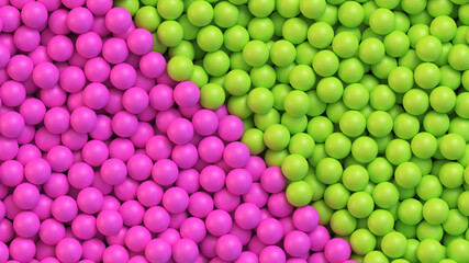 Pink and green balls background. Abstract background with colorful balls divided diagonally in two colors. Realistic vector background