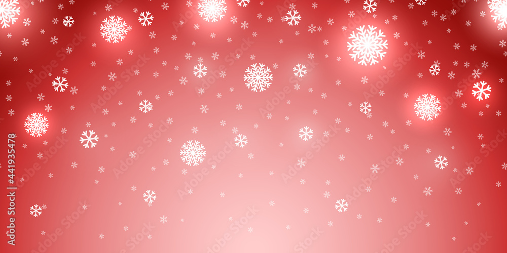 Wall mural Snow red background. Christmas snowy winter design. White falling snowflakes, abstract landscape. Cold weather effect. Magic nature fantasy snowfall texture decoration Vector illustration