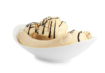 Delicious banana split ice cream with chocolate topping isolated on white