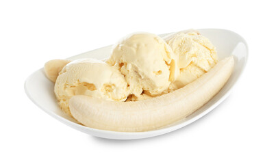 Delicious banana split ice cream isolated on white