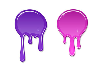 Drip paint spot 3D set isolated white background. Pink, violet ink splash. Splatter stain texture. Dribble down design. Flow art material. Liquid drop. Fluid splash stain liquid Vector illustration