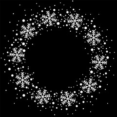 Snow border circle frame. Christmas texture, isolated on black background. Snowflake abstract effect. Holiday border, silver glitter. Blizzard design. Winter snow fall decoration Vector illustration