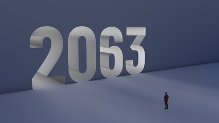 3D illustration of number 2063 with a man walking towards it