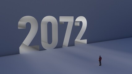 3D illustration of number 2072 with a man walking towards it