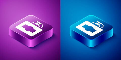 Isometric Cardboard box of wine icon isolated on blue and purple background. Square button. Vector